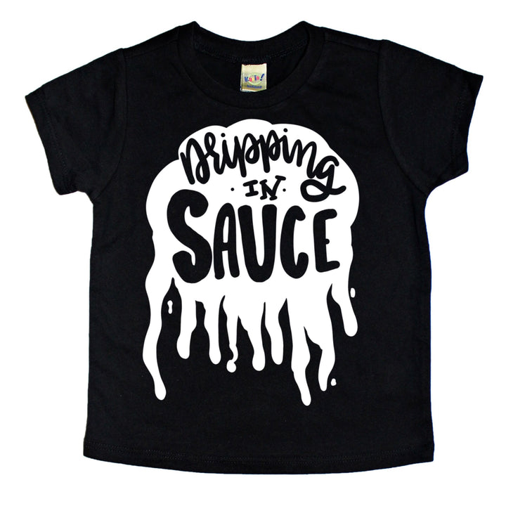 Black Shirt with white Dripping In Sauce Graphic For Kids. Shop Mattieandmase.com